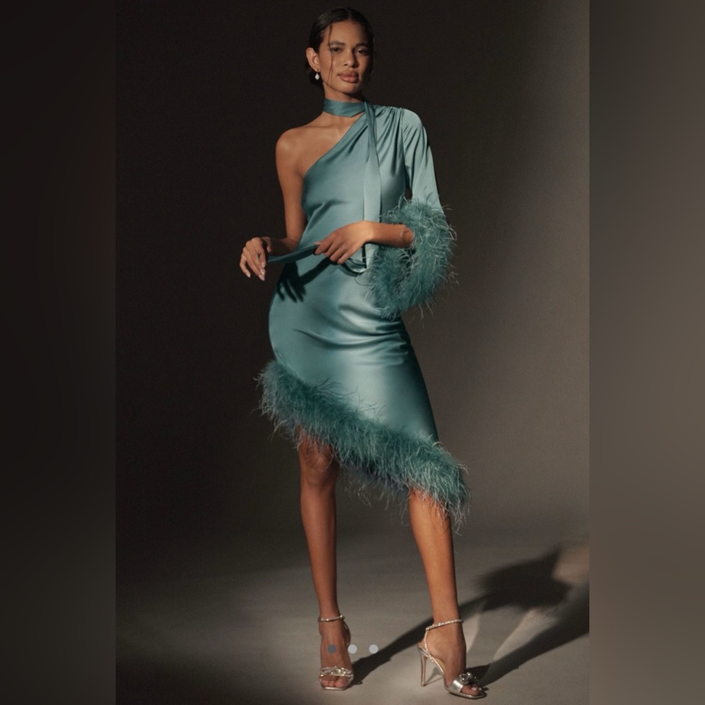 Hutch Asymetric One Shoulder Faux-feather scarf midi dress